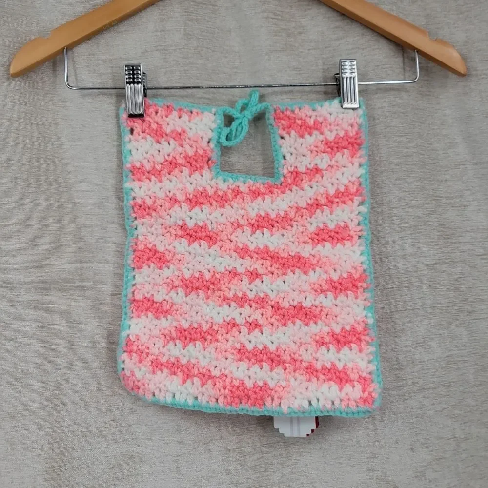 Playtime Bib Hand Crochet Pink & Mint With Toy Attachments Vintage 80s